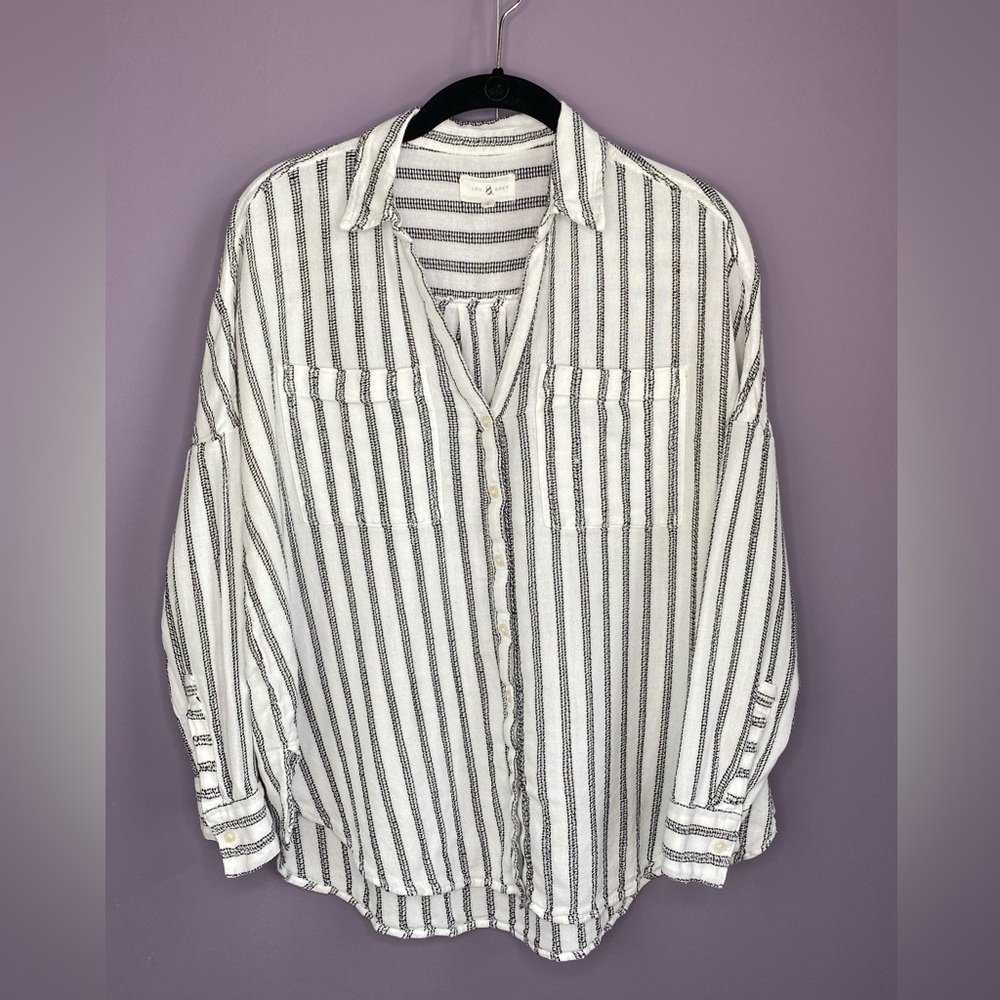 Lou & Grey Womens Relaxed Button Up Cotton Stripe Black & White Shirt Semi Sheer